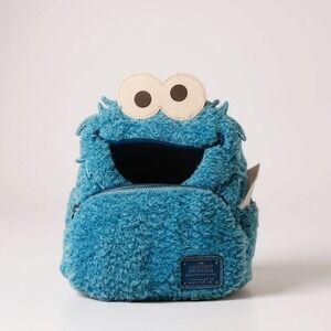 Loungefly Sesame Street Cookie Monster  Mini‎ Backpack Blue Fuzzy Plush